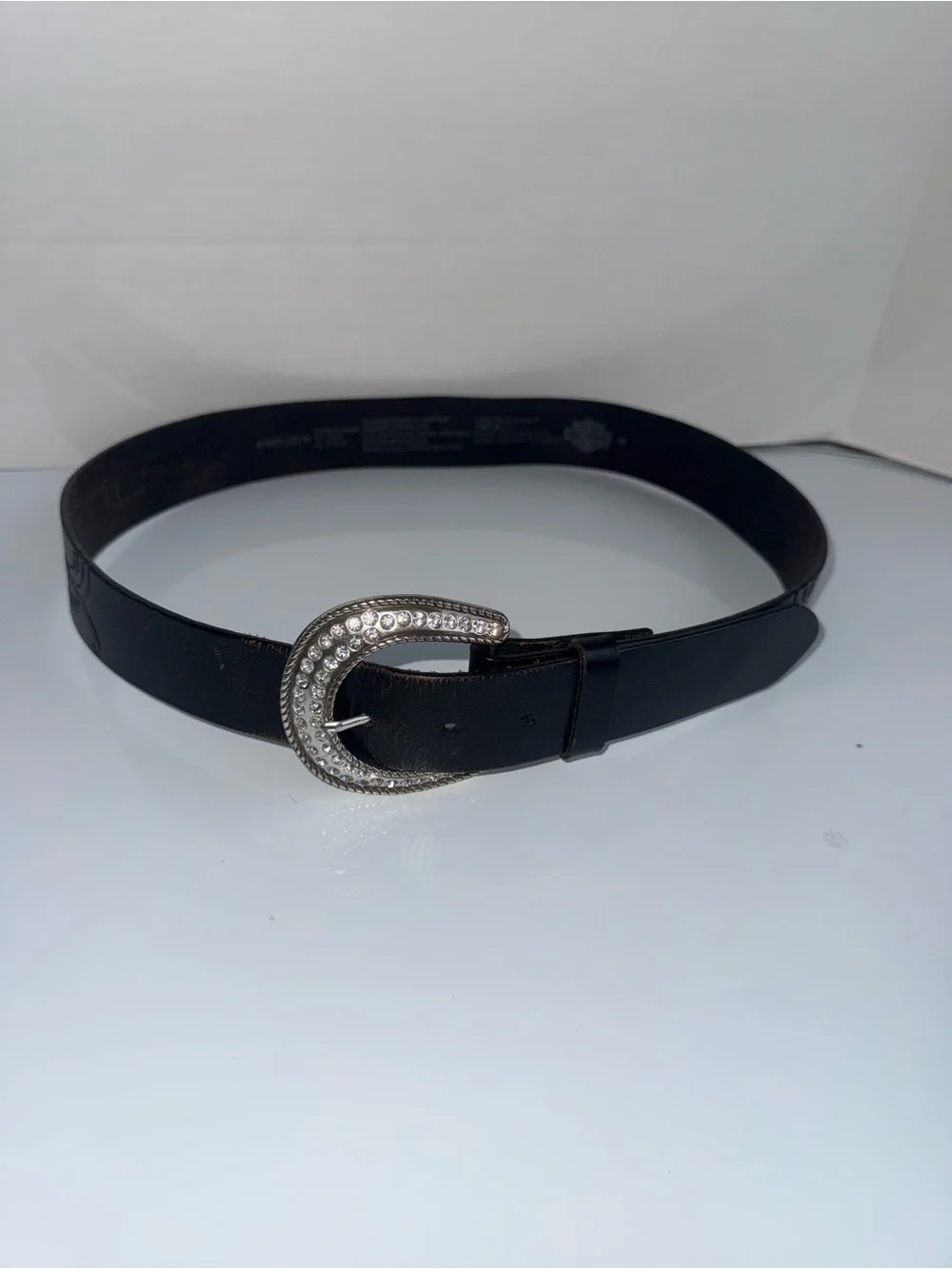 HARLEY DAVIDSON Black Genuine Leather Belt Embossed Detail And Rhinestone buckle